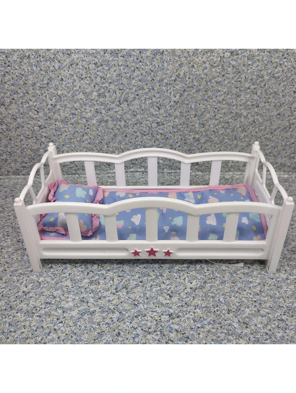 My Sweet Love White Plastic Toy Doll  Bed Crib Pink Stars With Bedding